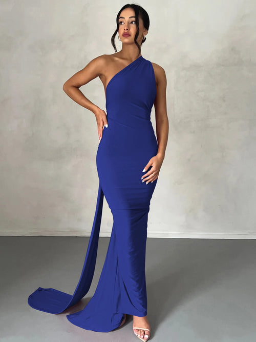 Dulzura One Shoulder Backless Ruched Slim Ribbon Long Dress Women