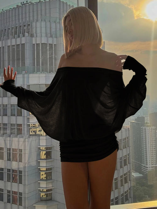 Dulzura Off Shoulder Long Sleeves Ruched Patchwork Mini Dress Women’S