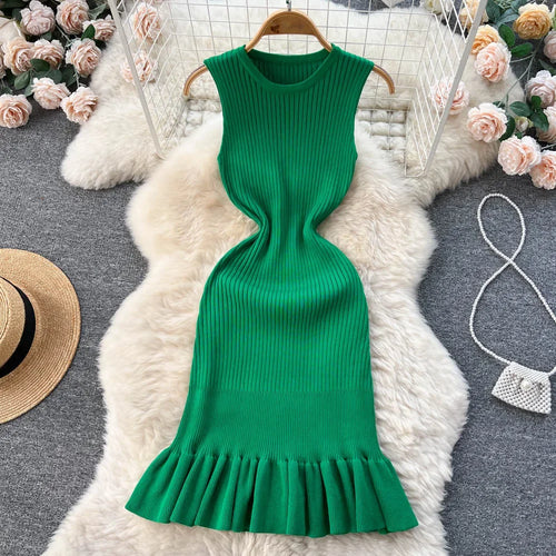 Summer Knitted Bodycon Sexy Dress 2026 O Neck Sleeveless Ruffled Party