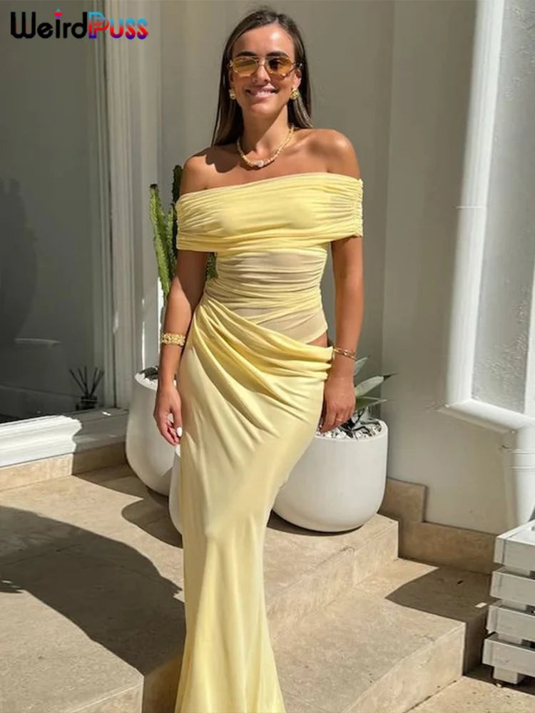 Weird Puss Ruched Irregular Dress Women Mesh Patchwork Slash Neck