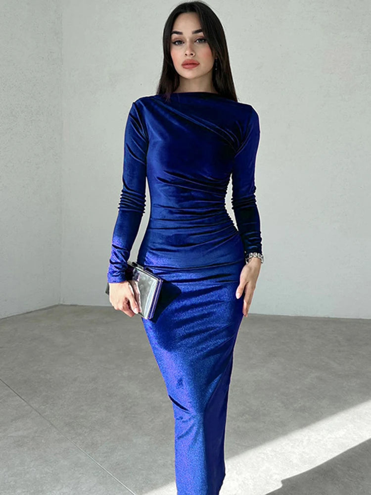 Dulzura 2024 Spring Summer Velvet Long Sleeve Midi Dress For Women