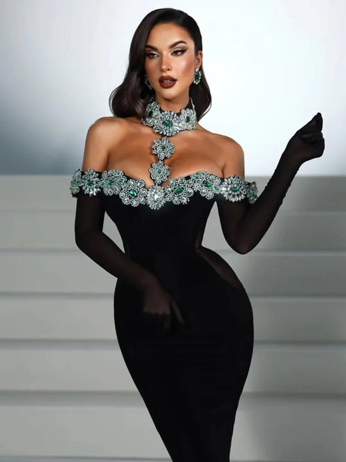 Summer Bandage Dress 2024 Women Celebrity Sexy Diamonds Crystal Black