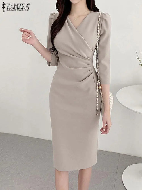 ZANZEA Summer Fashion Womens Dress Sexy Solid Color Knee Length