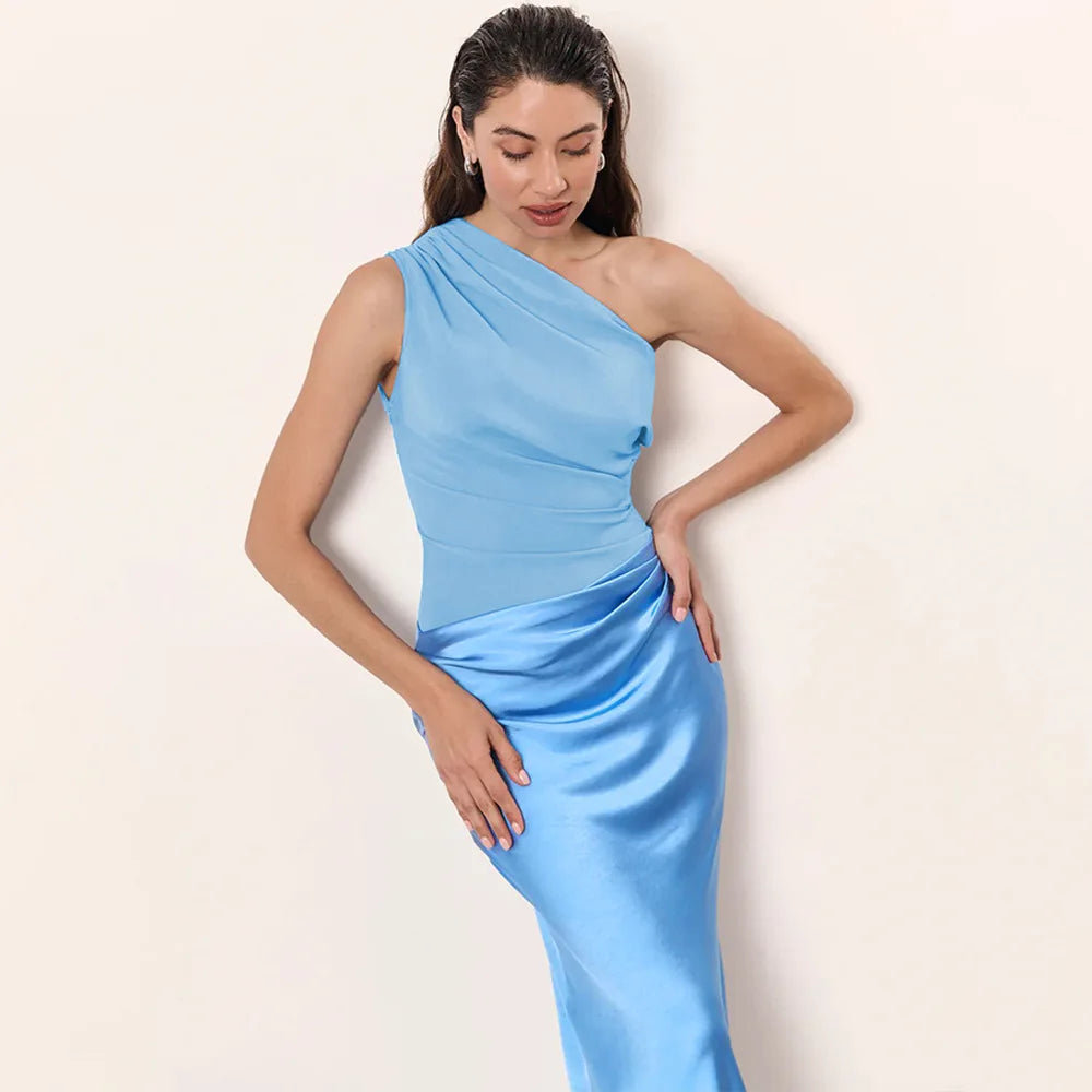 Patchwork Satin Sexy Dress Women One Shoulder Brown Sleeveless Evening