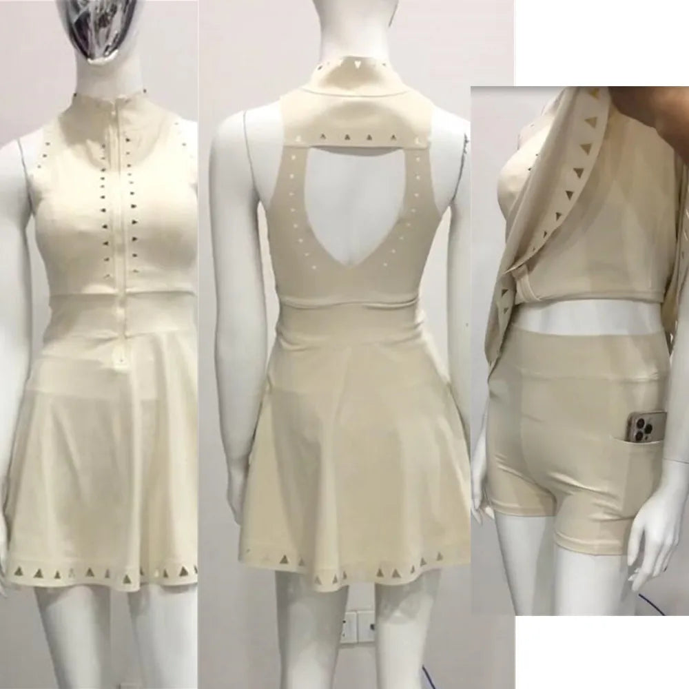 2PCS Anti Shorts Zipper High Neck Yoga Set Fitness Tennis Skirt Dress