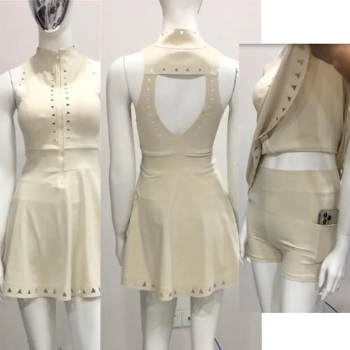 2PCS Anti Shorts Zipper High Neck Yoga Set Fitness Tennis Skirt Dress