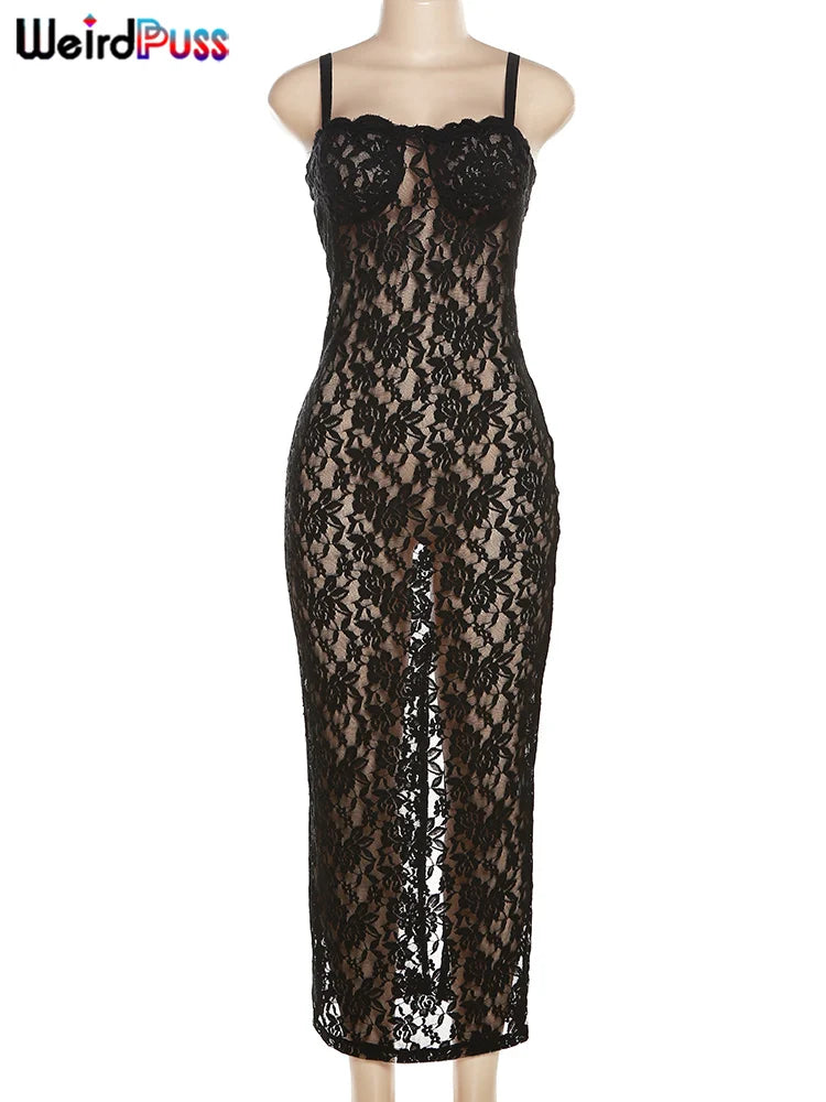 Weird Puss Lace Black Women Maxi Dress See Through Sleeveless Ladies