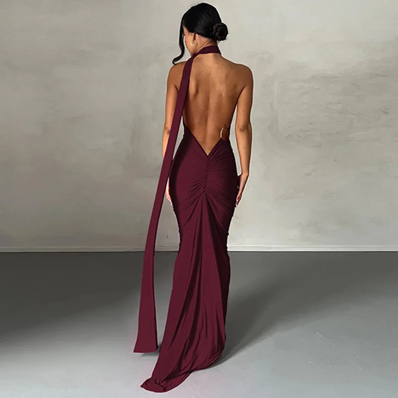 Dulzura One Shoulder Backless Ruched Slim Ribbon Long Dress Women