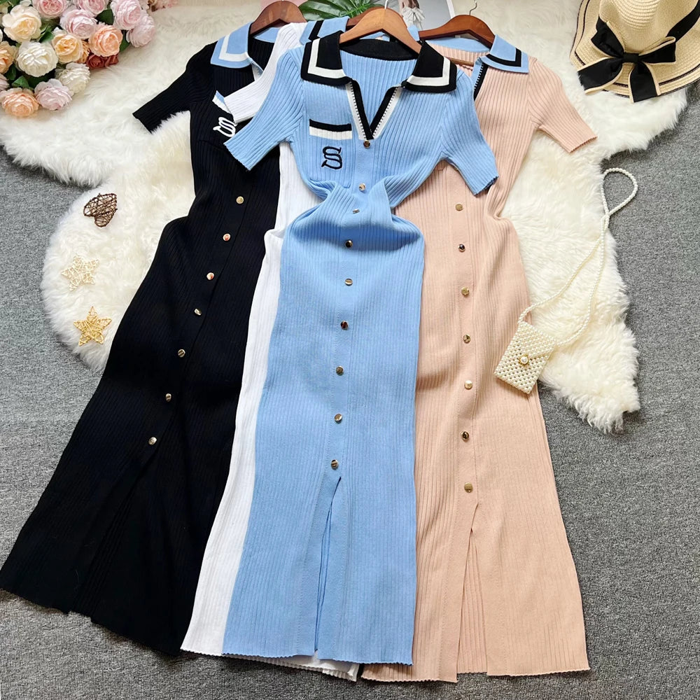 YuooMuoo 2025 New Summer Women Knitted Long Dress Elegant Embroidery