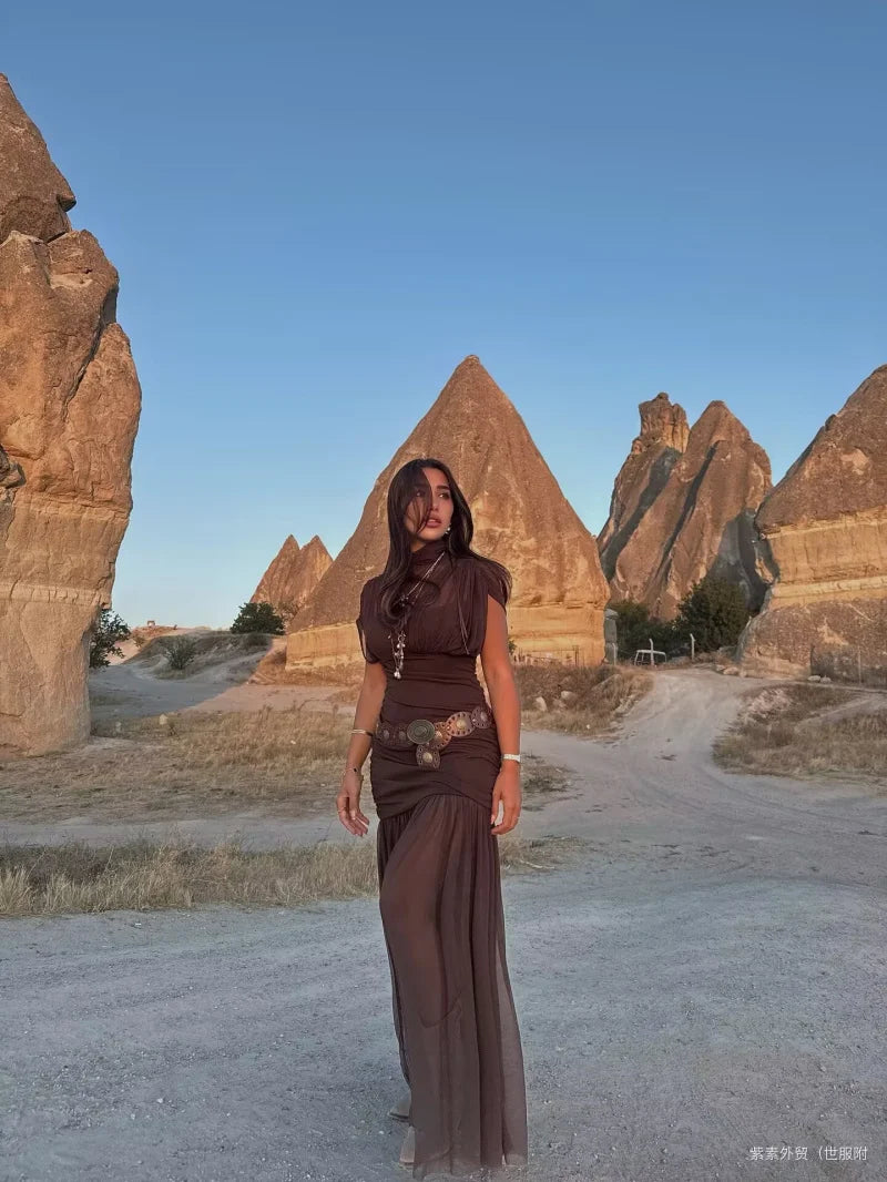 ETJ 2025 new women's party sexy see-through long dress fashion silk