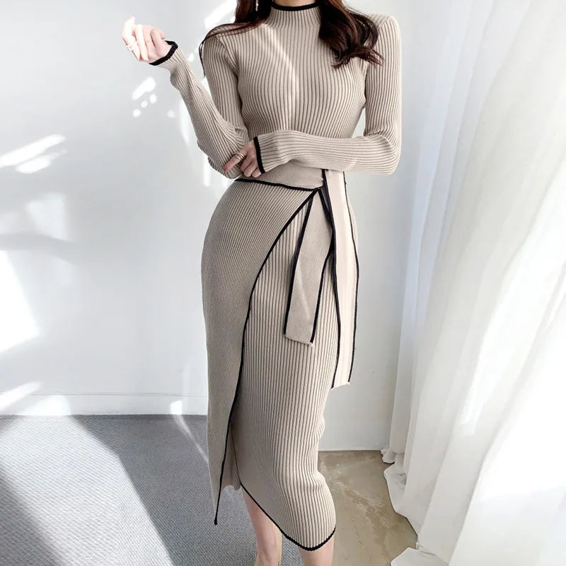 YuooMuoo Elegant Lace Up Turtleneck Knitted Long Dress Korean Fashion