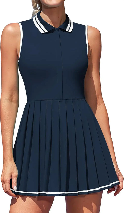 Anfilia Women Tennis Dress Polo Half Zipper Pleated with Built in Bra
