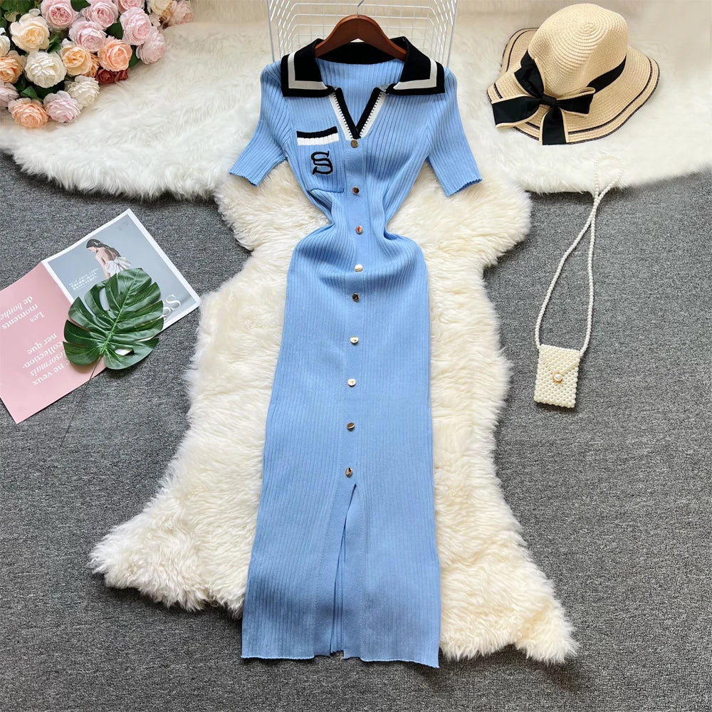 YuooMuoo 2025 New Summer Women Knitted Long Dress Elegant Embroidery