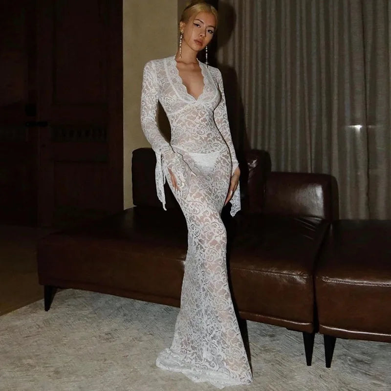 Cryptographic Lace Transparent Sexy Hollow Out Maxi Dress Elegant