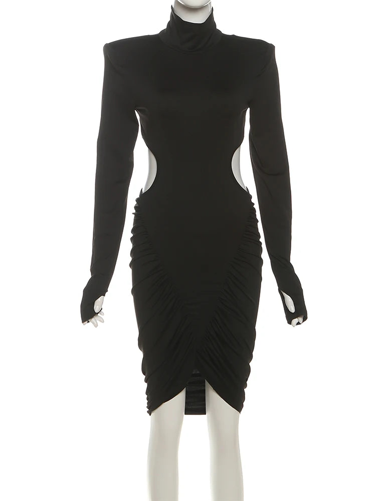 Sisterlinda Ruched Elegant Dress Women Autumn Turtleneck Full Sleeve