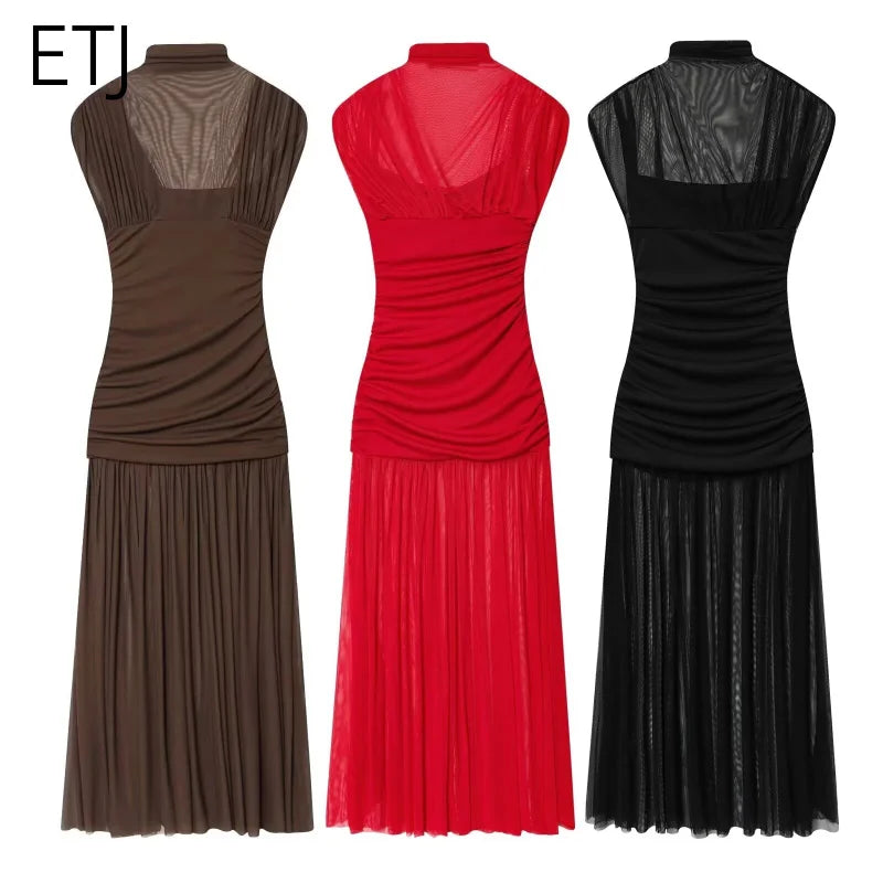 ETJ 2025 new women's party sexy see-through long dress fashion silk