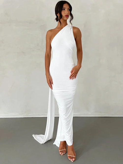 Dulzura One Shoulder Backless Ruched Slim Ribbon Long Dress Women