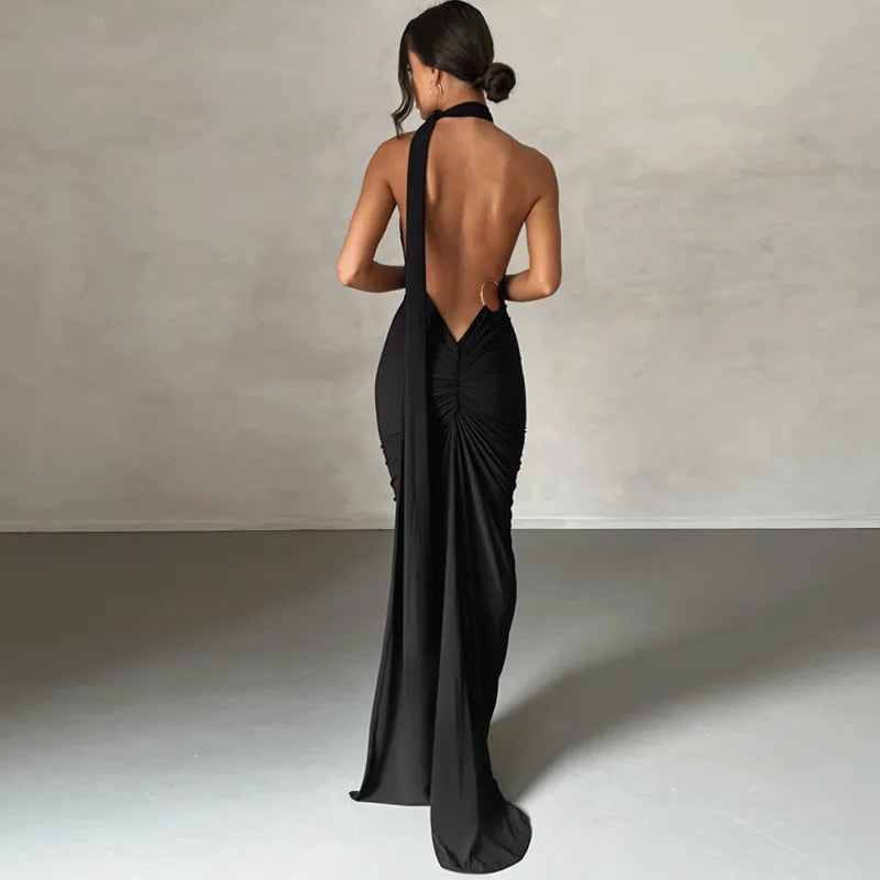 Dulzura One Shoulder Backless Ruched Slim Ribbon Long Dress Women