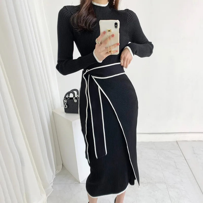 YuooMuoo Elegant Lace Up Turtleneck Knitted Long Dress Korean Fashion