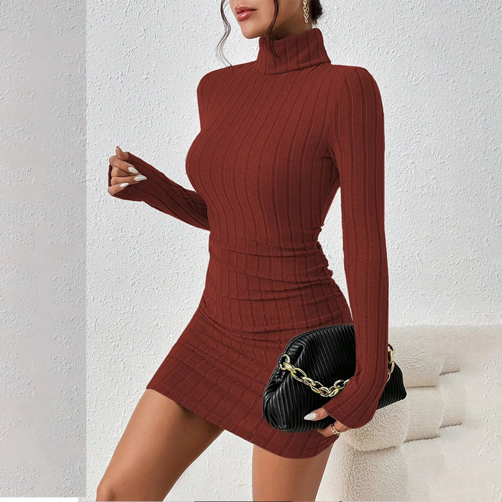 Knitted Bottoming Dress Women Elegant Party Autumn Winter Turtleneck