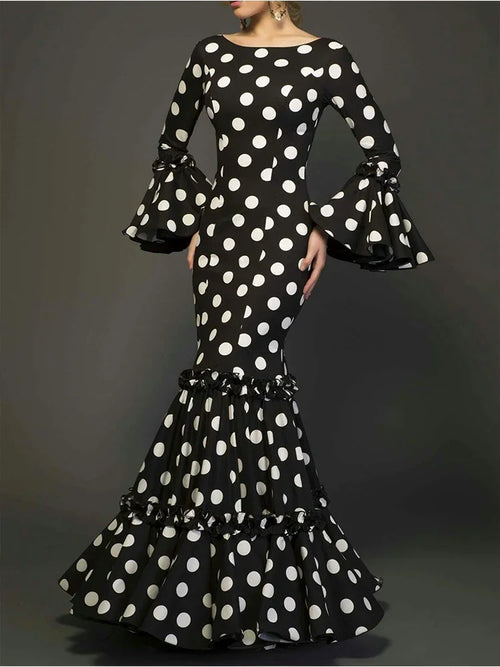 Elegant Ladies Dress Fashionable Trumpet Sleeves Polka Dot Decoration