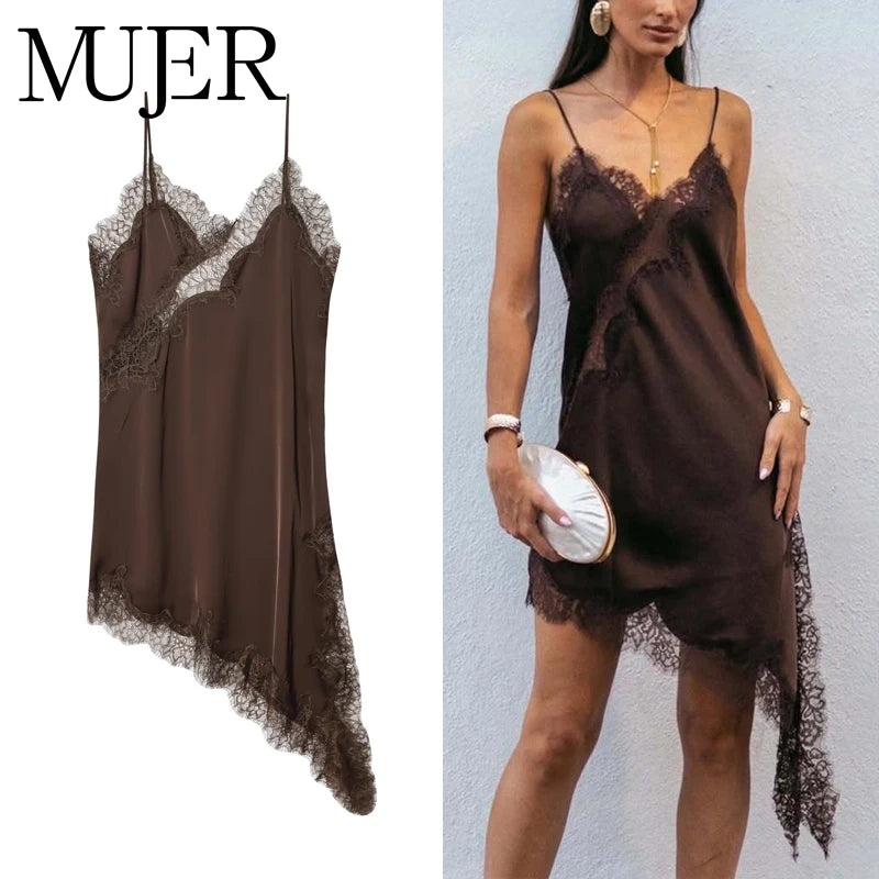 MUJER Lace Slip Mini Dress Women Satin Backless Summer Dress Woman