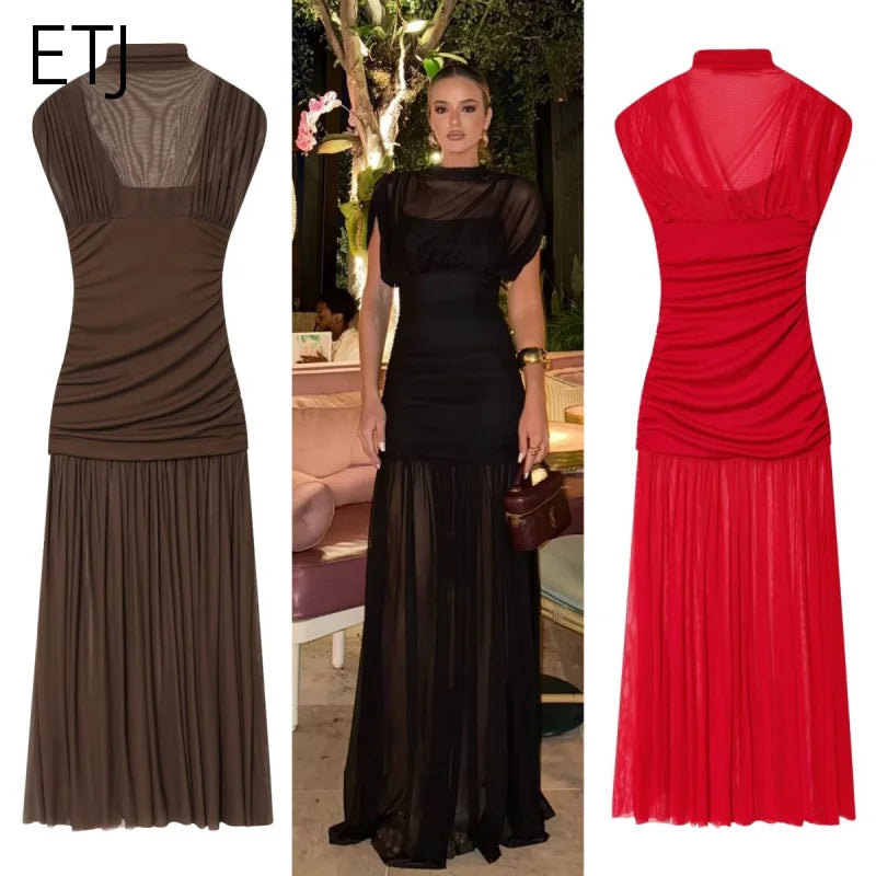 ETJ 2025 new women's party sexy see-through long dress fashion silk
