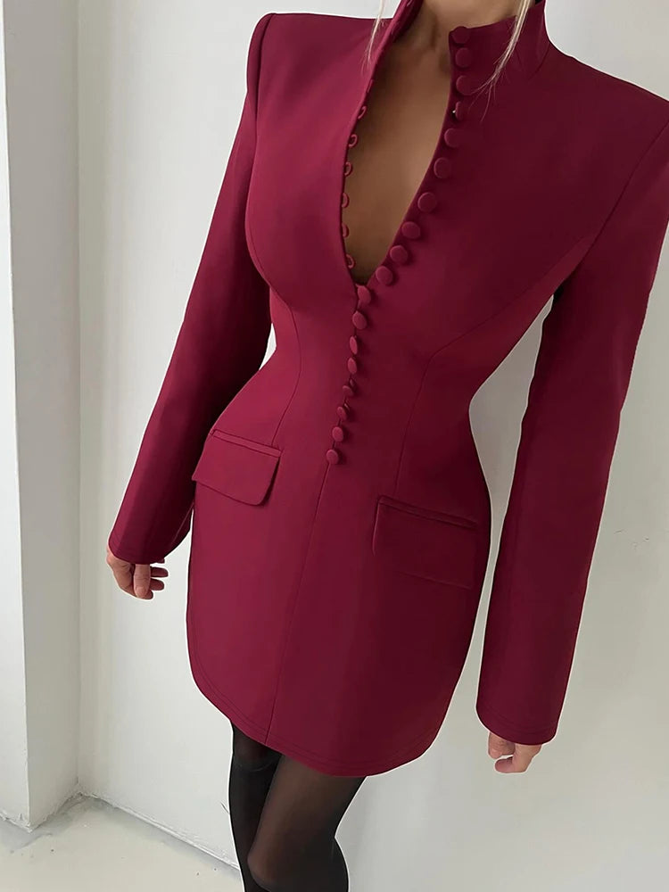 Kliou Office Style Mini Dress Woman Stand Collar Full Sleeve Button
