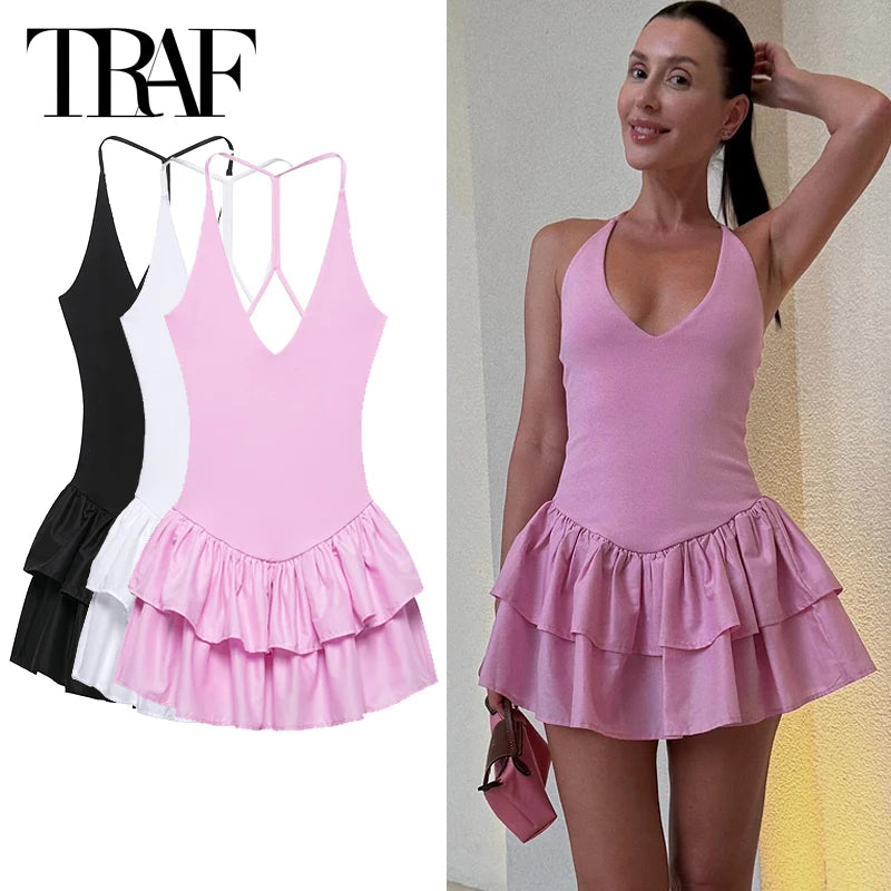 Women's Dresses 2025 Halter Pink Mini Dresses Chic v Neck Layer