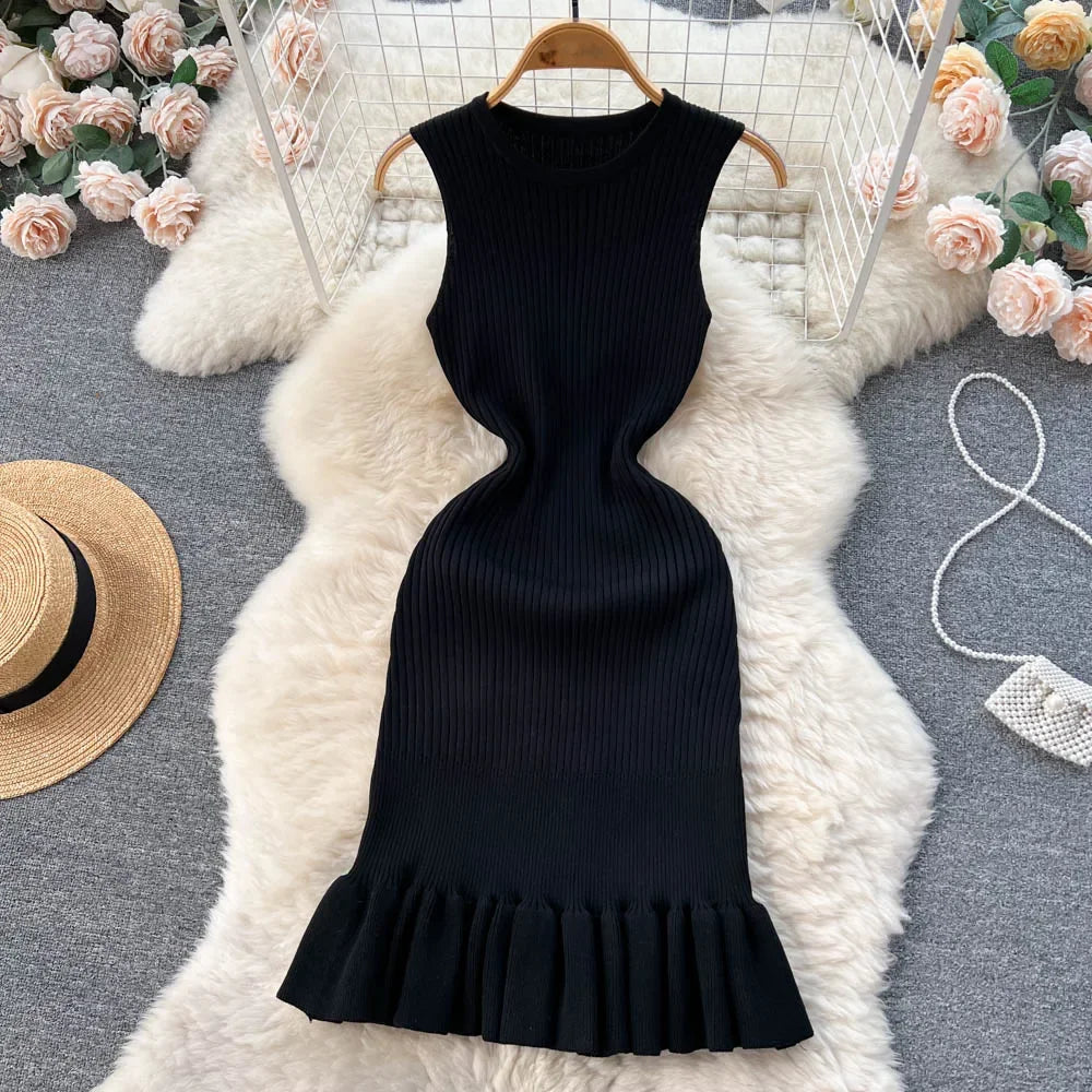 Summer Knitted Bodycon Sexy Dress 2026 O Neck Sleeveless Ruffled Party
