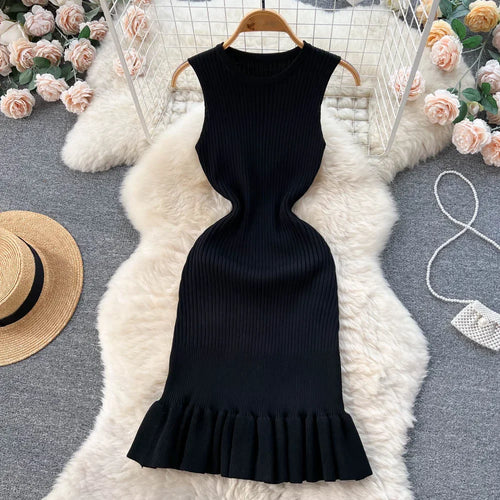 Summer Knitted Bodycon Sexy Dress 2026 O Neck Sleeveless Ruffled Party