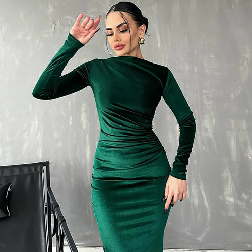 Dulzura 2024 Spring Summer Velvet Long Sleeve Midi Dress For Women