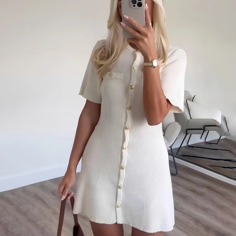 White Elegant Knitted Mini Dress For Women Metal Button Sexy Slim Rib