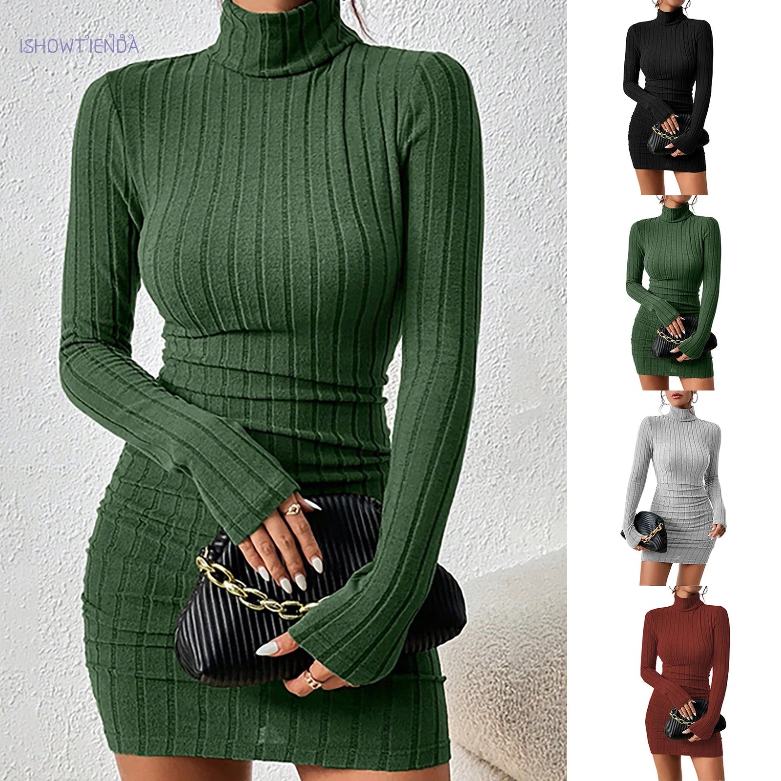 Knitted Bottoming Dress Women Elegant Party Autumn Winter Turtleneck