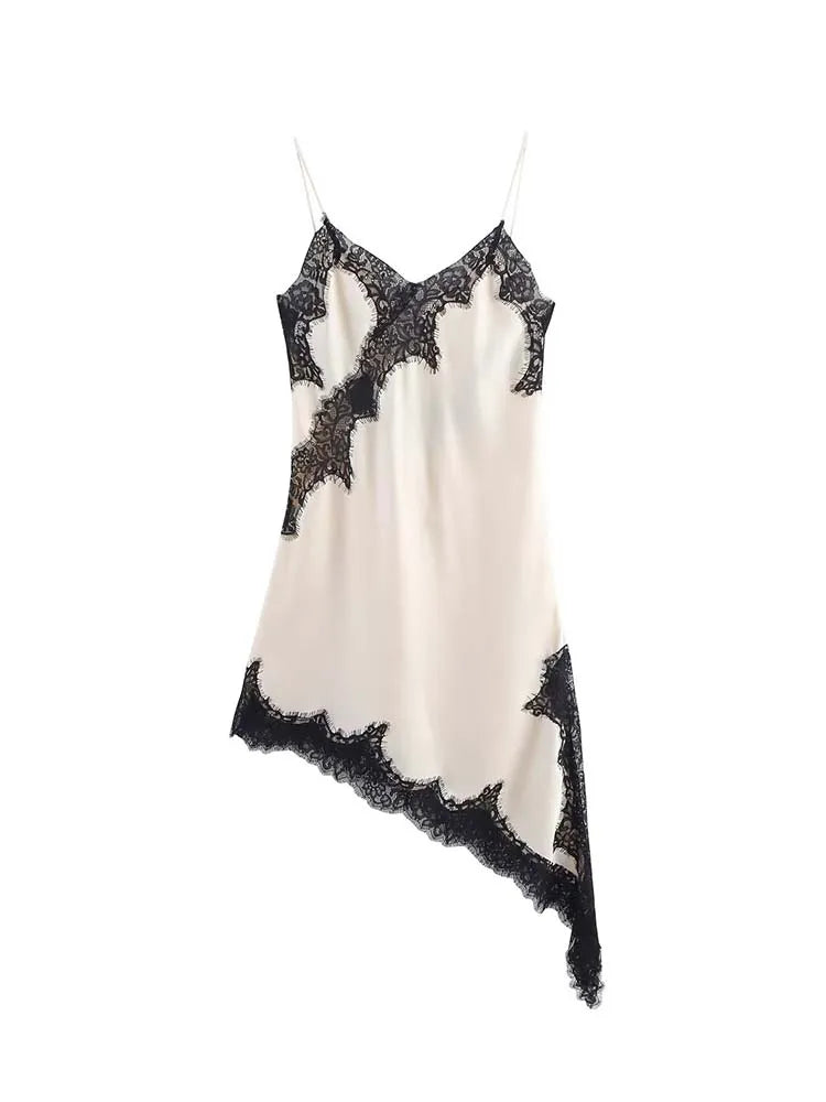 Women Fashion Sexy V-Neck Lace Elegant Halter Dress Asymmetric Hem