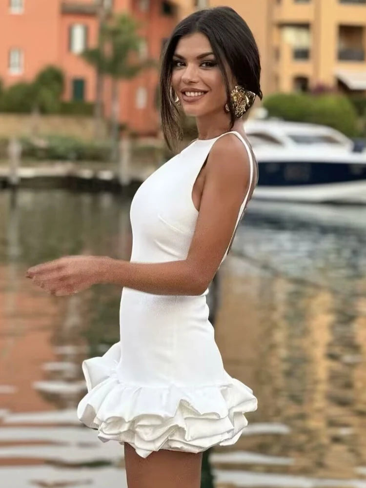 HXAO White Short Dress Women's Ruffle Backless Party Dresses Black Red