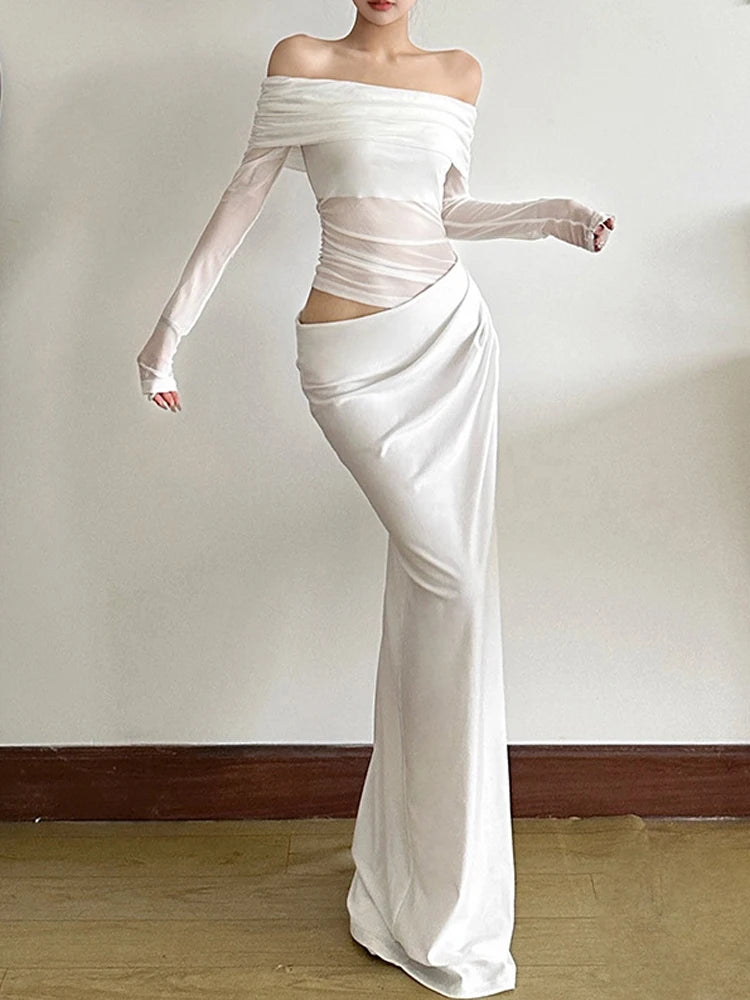 Nibber Sexy Dress Women 2025 Spring Patchwork Mesh Elegant Slash Neck