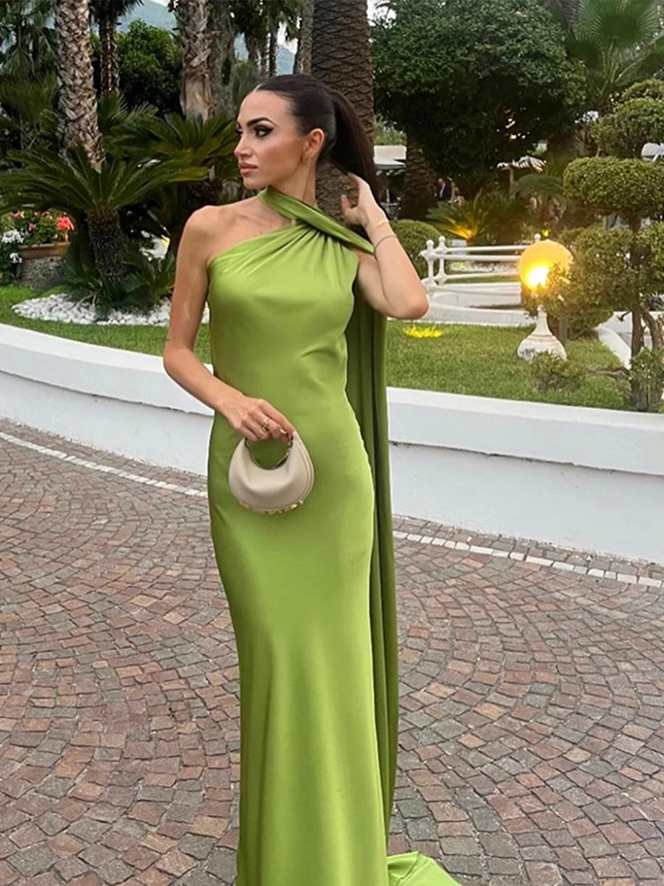 Elegant Ribbon Halter Dress Women Solid Off Shoulder Sleeveless