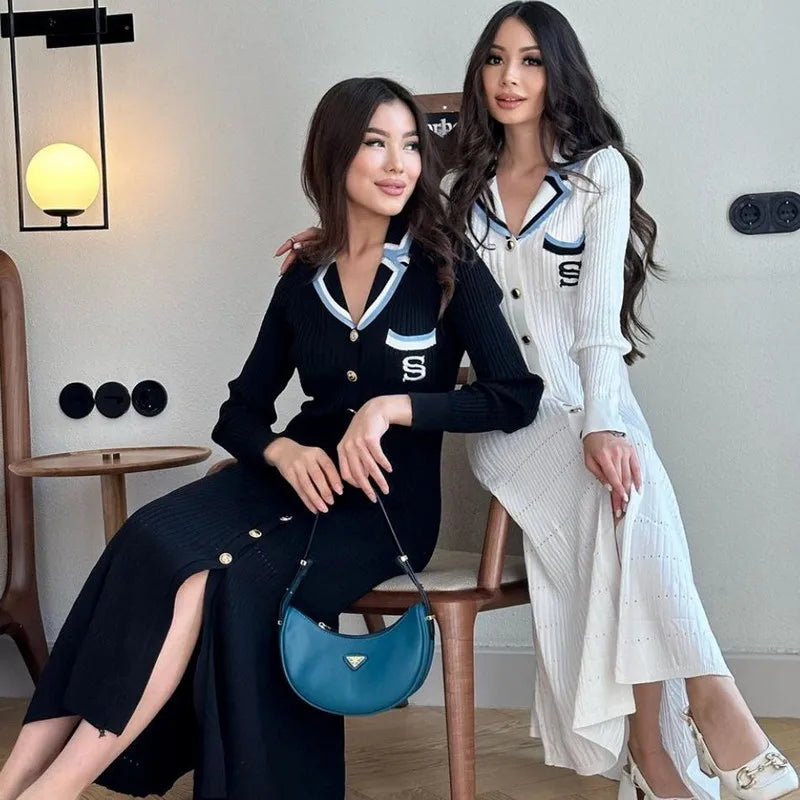 YuooMuoo Elegant Embroidery Letter Knitted Maxi Dress Autumn Winter