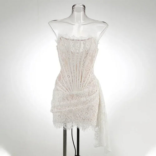 Talenza Women's Sexy Lace Dress Solid Color Sheer Patchwork High Waist