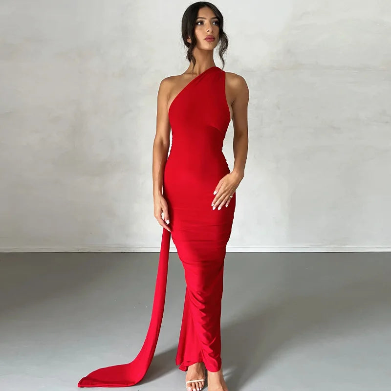 Dulzura One Shoulder Backless Ruched Slim Ribbon Long Dress Women
