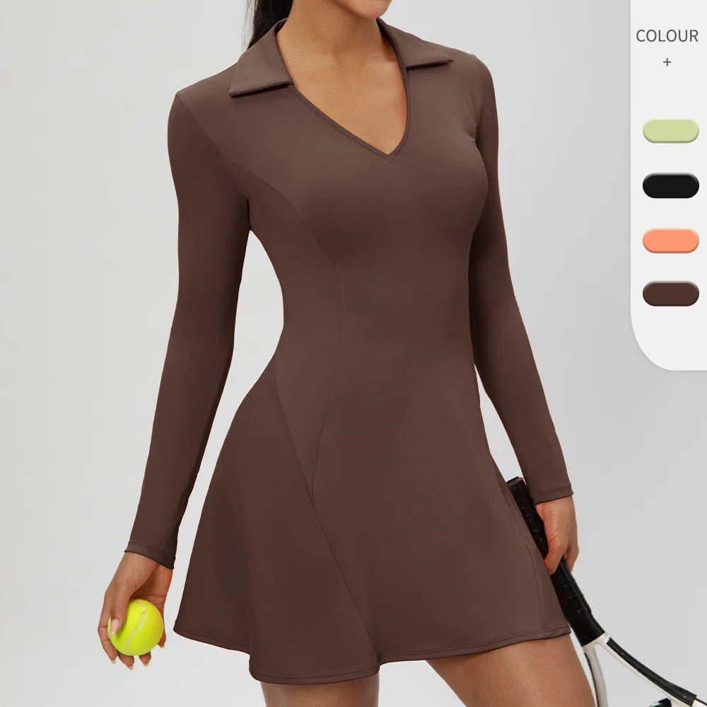 Autumn European  American long-sleeved lapel tennis dress quick-drying