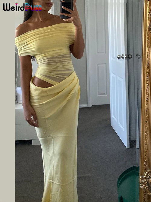 Weird Puss Ruched Irregular Dress Women Mesh Patchwork Slash Neck