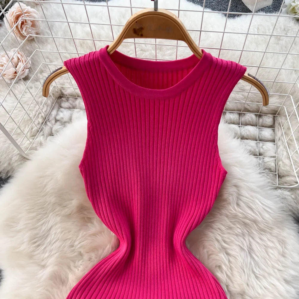 Summer Knitted Bodycon Sexy Dress 2026 O Neck Sleeveless Ruffled Party