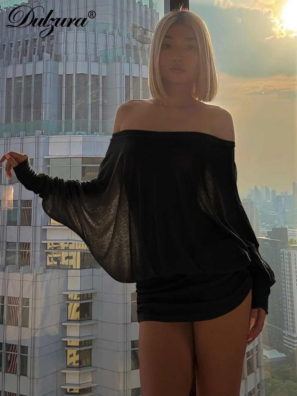 Dulzura Off Shoulder Long Sleeves Ruched Patchwork Mini Dress Women’S