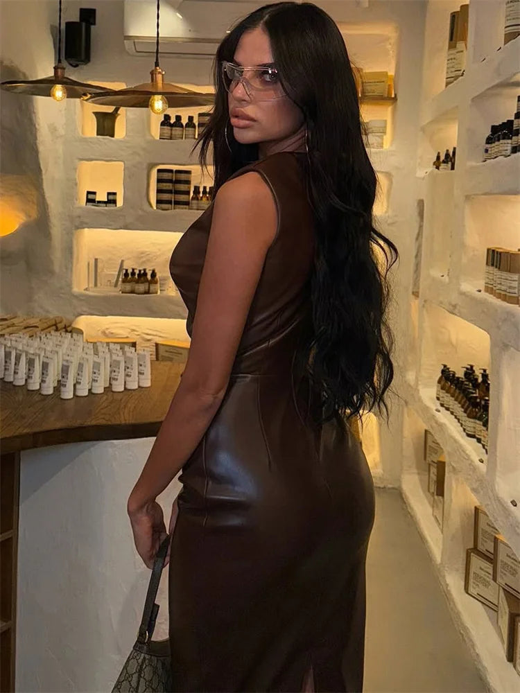 Tossy PU Sexy Fashion Maxi Dress For Women High Waist Sleeveless Slim