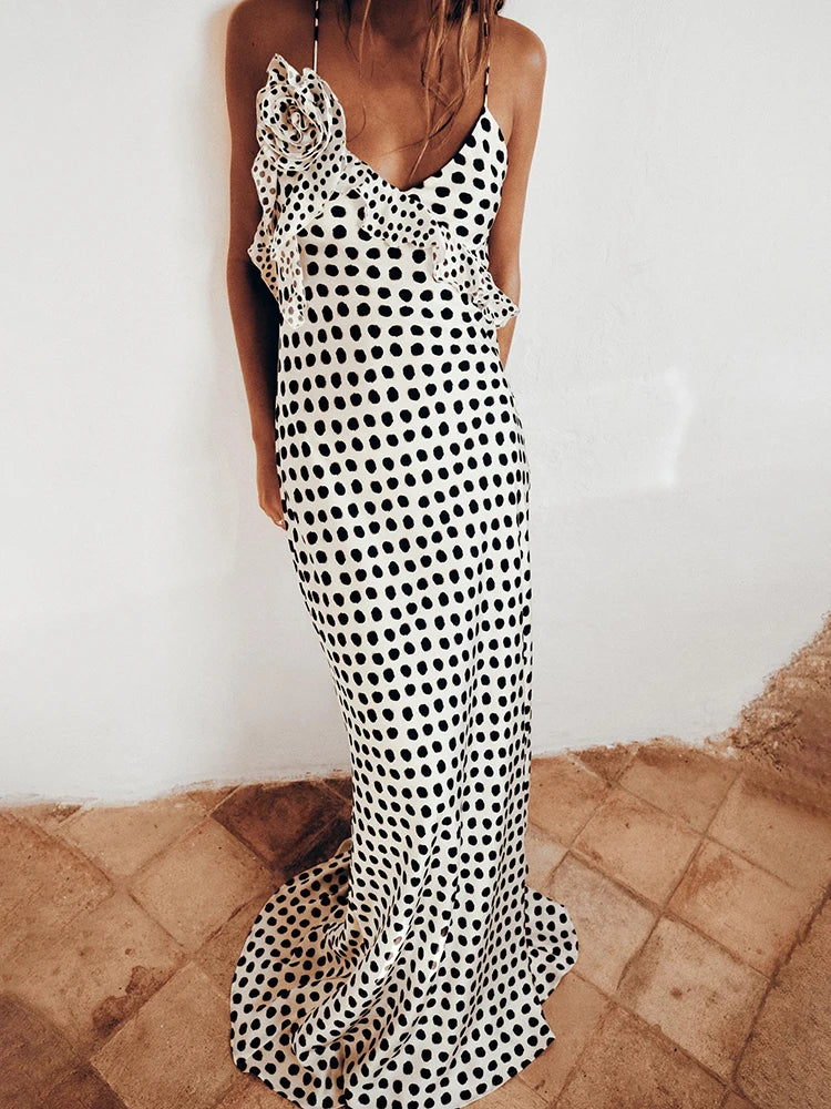 JULISSA MO Sexy Backless  Print Dots Flower Women Maxi Dress Spaghetti