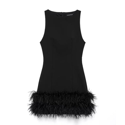 MUJER 2025 Feather Mini Dress Women Black Sleeveless Corset Dress