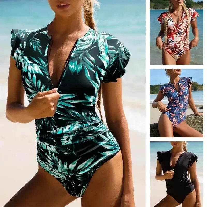 2024 Fashion Short Dress One-piece Swimsuit Zipper Swimsuit Sexy