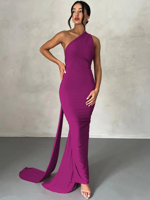 Dulzura One Shoulder Backless Ruched Slim Ribbon Long Dress Women